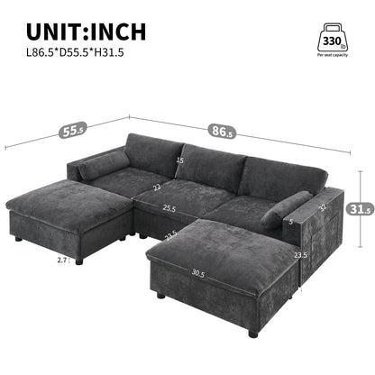 Canapé sectionnel en chenille en forme de U de 86,5 pouces avec poches de rangement, 2 poufs amovibles et coussins décoratifs pour le salon