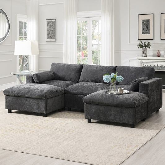 Canapé sectionnel en chenille en forme de U de 86,5 pouces avec poches de rangement, 2 poufs amovibles et coussins décoratifs pour le salon