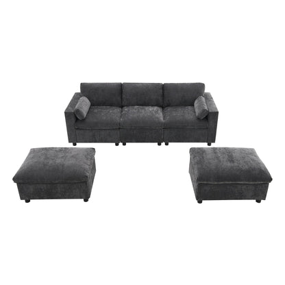 Canapé sectionnel en chenille en forme de U de 86,5 pouces avec poches de rangement, 2 poufs amovibles et coussins décoratifs pour le salon