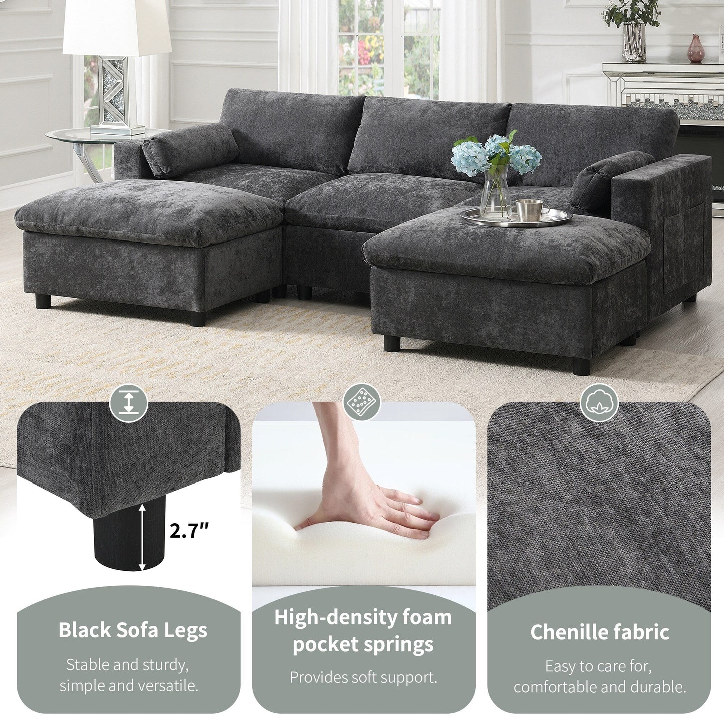 Canapé sectionnel en chenille en forme de U de 86,5 pouces avec poches de rangement, 2 poufs amovibles et coussins décoratifs pour le salon
