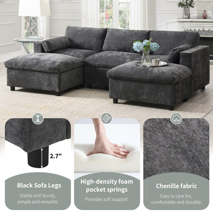 Canapé sectionnel en chenille en forme de U de 86,5 pouces avec poches de rangement, 2 poufs amovibles et coussins décoratifs pour le salon