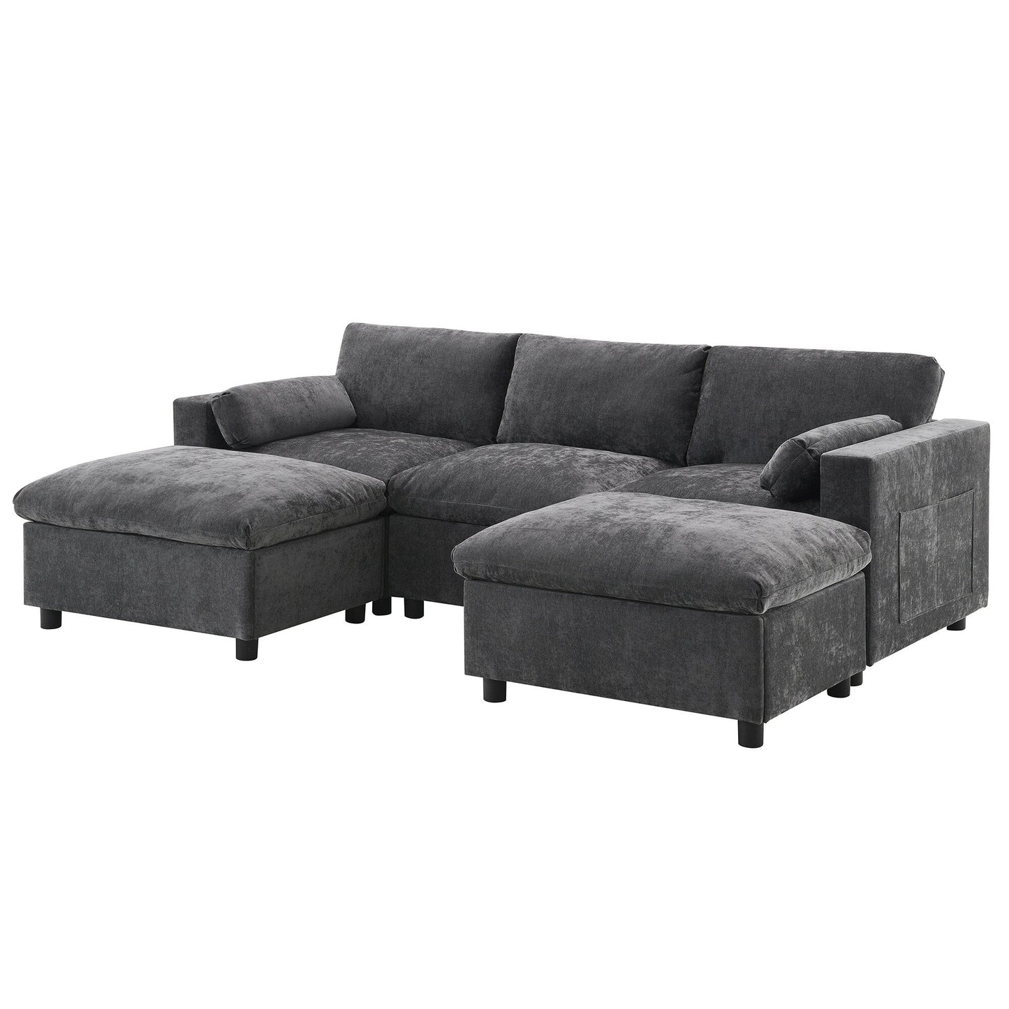Canapé sectionnel en chenille en forme de U de 86,5 pouces avec poches de rangement, 2 poufs amovibles et coussins décoratifs pour le salon