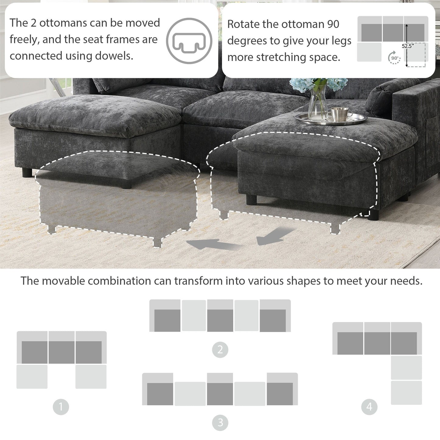 Canapé sectionnel en chenille en forme de U de 86,5 pouces avec poches de rangement, 2 poufs amovibles et coussins décoratifs pour le salon