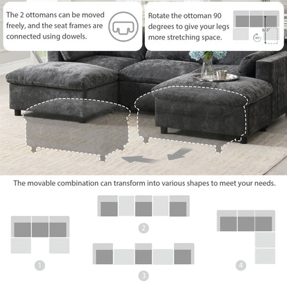 Canapé sectionnel en chenille en forme de U de 86,5 pouces avec poches de rangement, 2 poufs amovibles et coussins décoratifs pour le salon