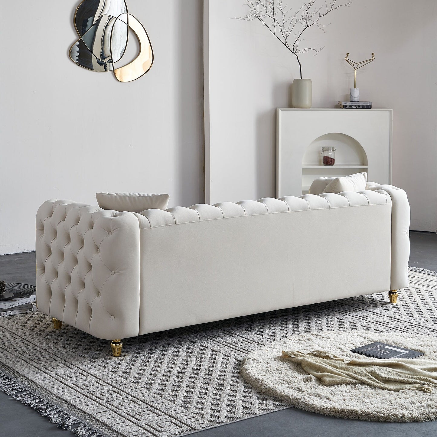 Canapé capitonné moderne de luxe de 86 po de largeur avec 2 coussins décoratifs pour salon et chambre à coucher
