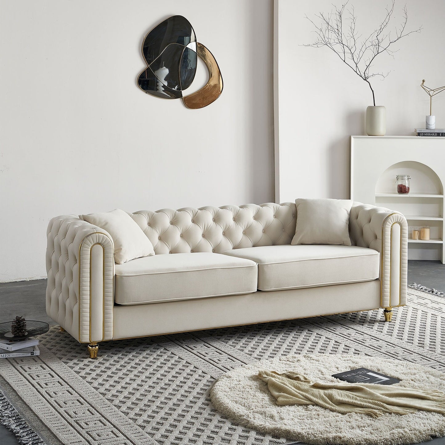 Canapé capitonné moderne de luxe de 86 po de largeur avec 2 coussins décoratifs pour salon et chambre à coucher