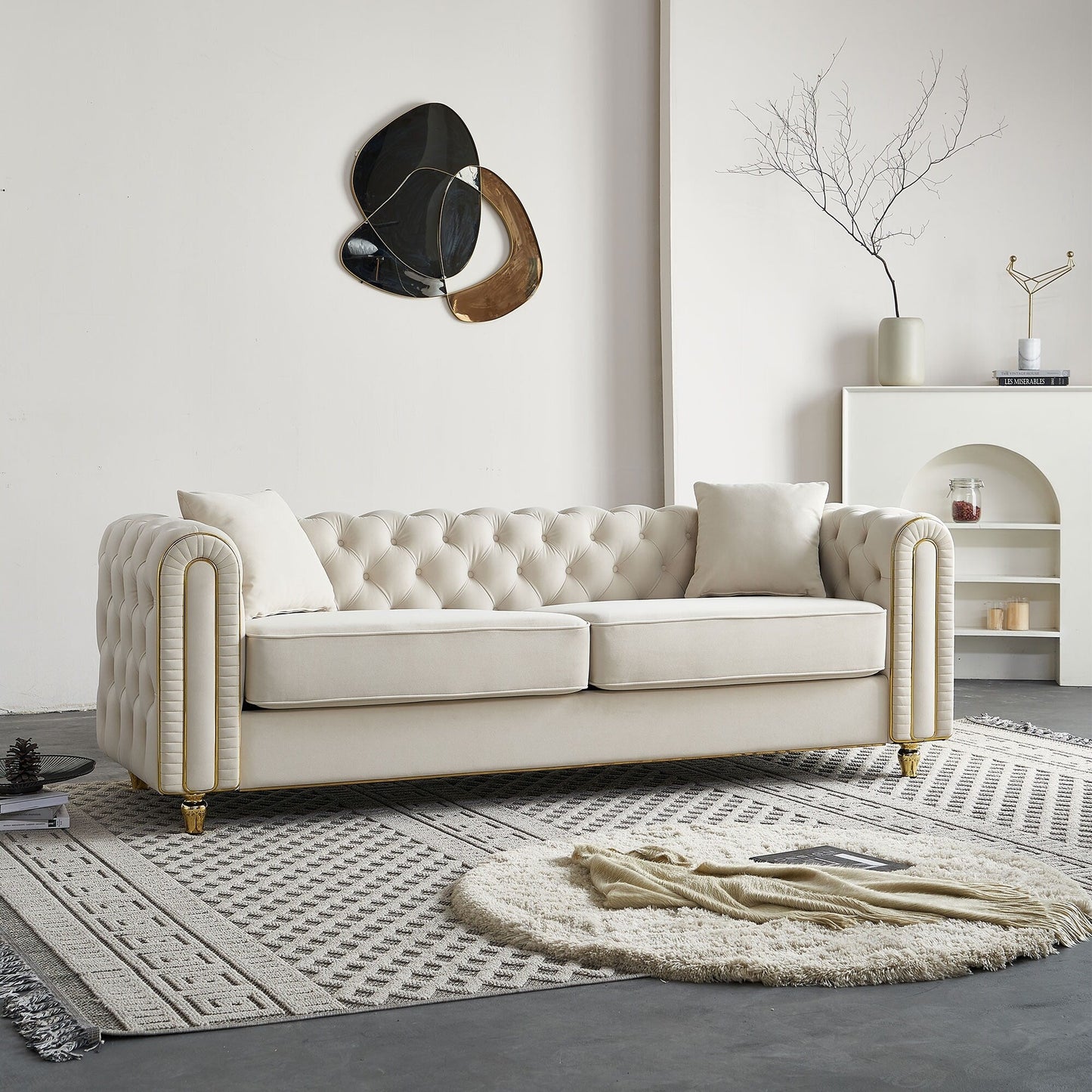 Canapé capitonné moderne de luxe de 86 po de largeur avec 2 coussins décoratifs pour salon et chambre à coucher