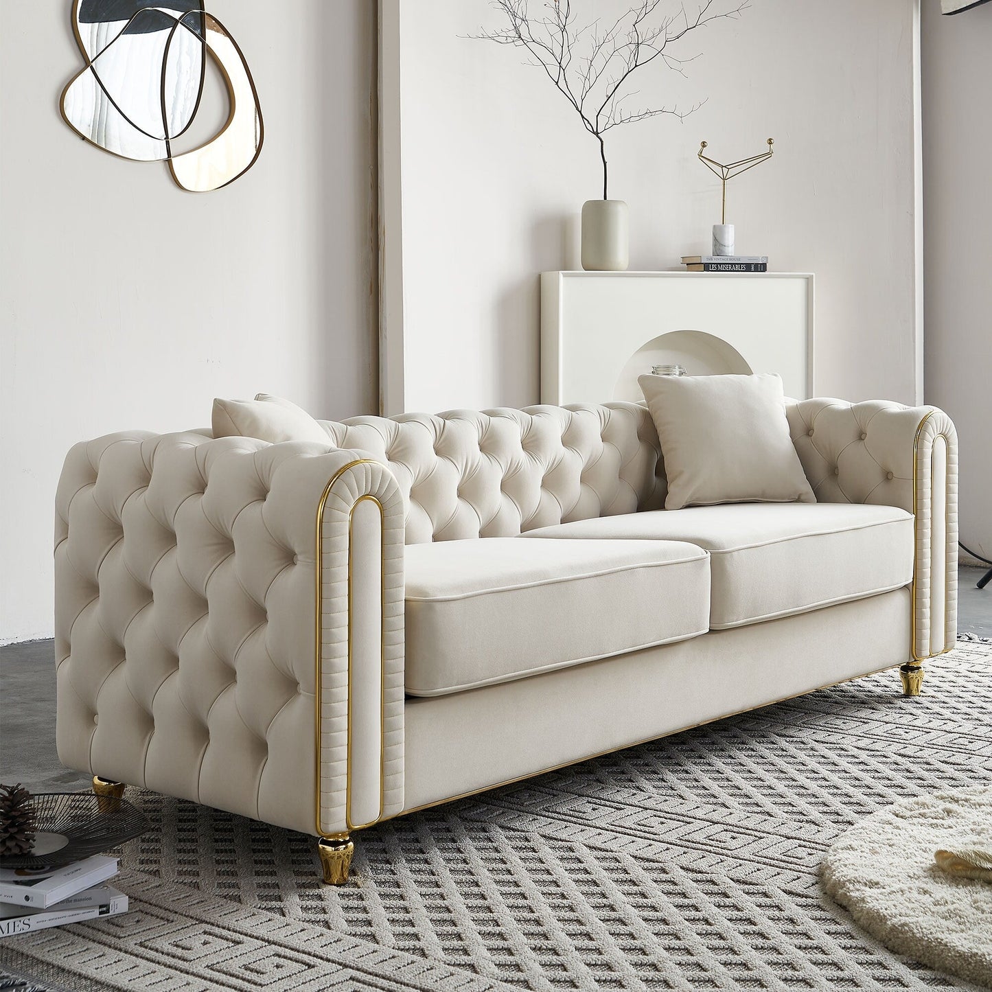 Canapé capitonné moderne de luxe de 86 po de largeur avec 2 coussins décoratifs pour salon et chambre à coucher