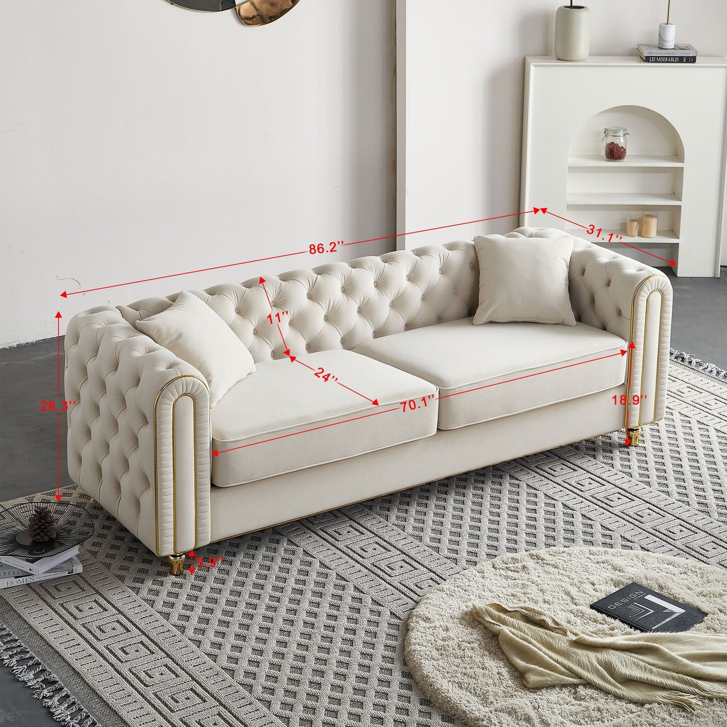 Canapé capitonné moderne de luxe de 86 po de largeur avec 2 coussins décoratifs pour salon et chambre à coucher