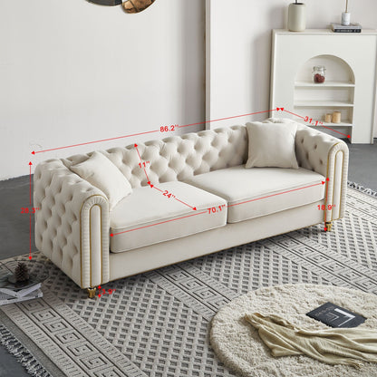 Canapé capitonné moderne de luxe de 86 po de largeur avec 2 coussins décoratifs pour salon et chambre à coucher