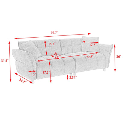 Canapé Teddy de 240 cm de long, avec deux coussins assortis et trois sièges spacieux et confortables.