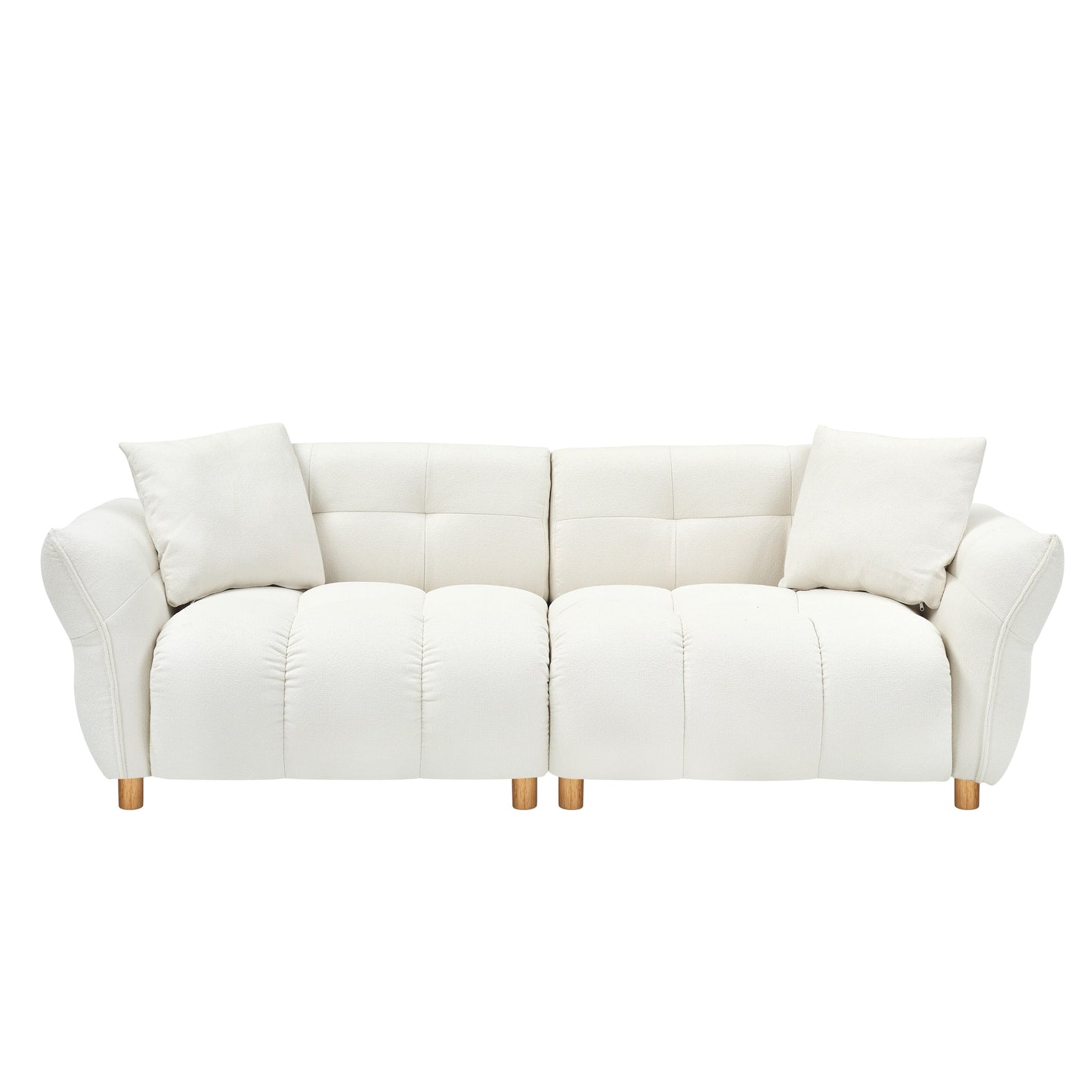Canapé Teddy de 240 cm de long, avec deux coussins assortis et trois sièges spacieux et confortables.