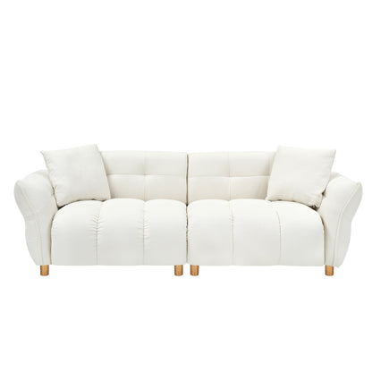 Canapé Teddy de 240 cm de long, avec deux coussins assortis et trois sièges spacieux et confortables.