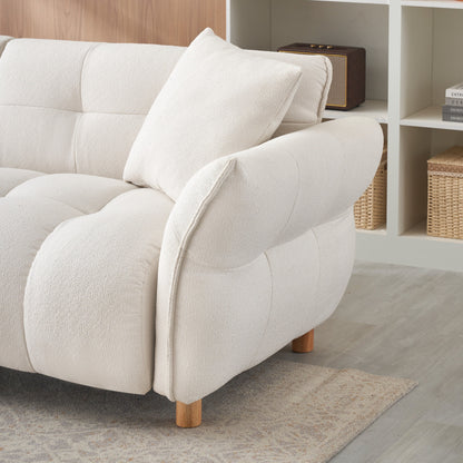 Canapé Teddy de 240 cm de long, avec deux coussins assortis et trois sièges spacieux et confortables.