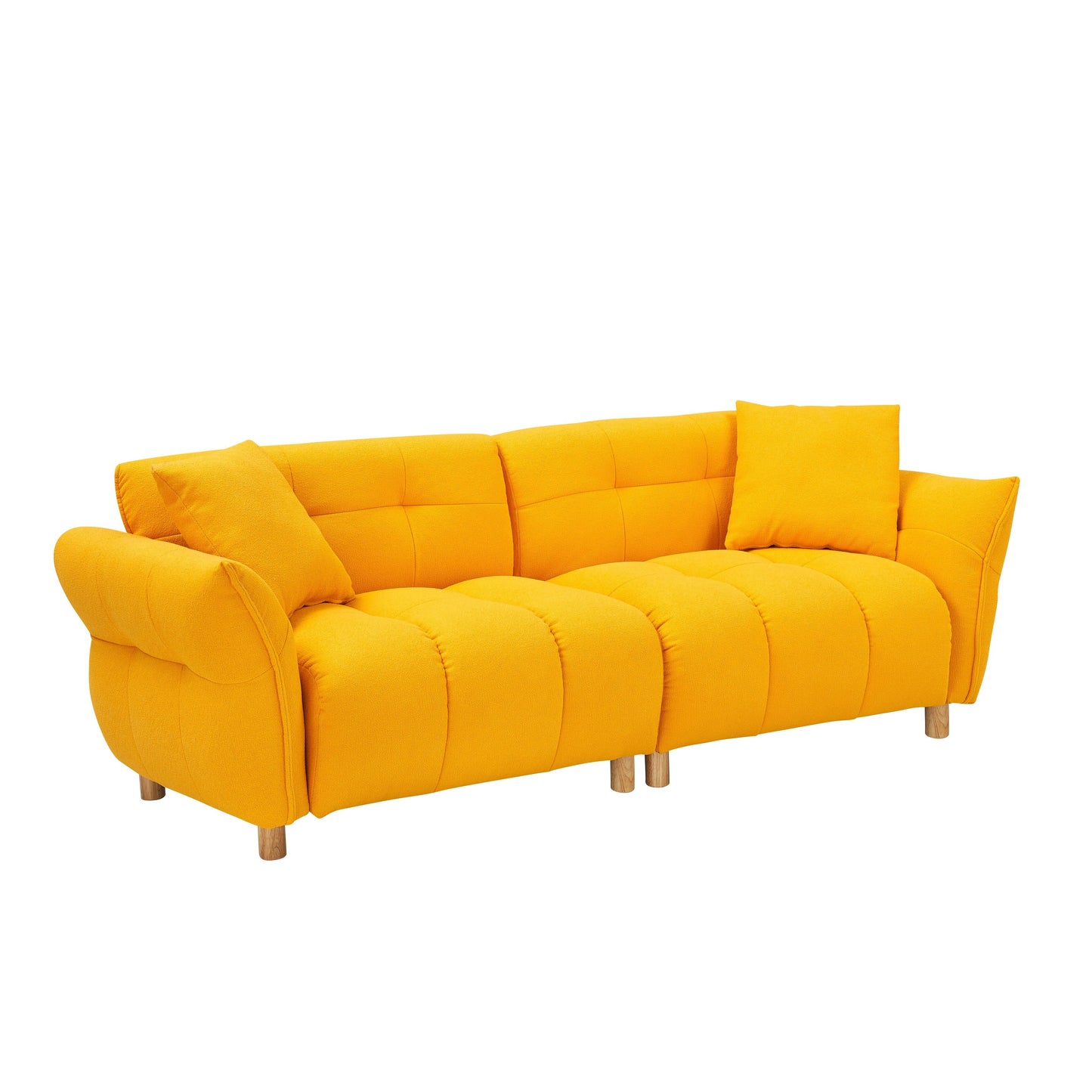 Canapé Teddy de 240 cm de long, avec deux coussins assortis et trois sièges spacieux et confortables.