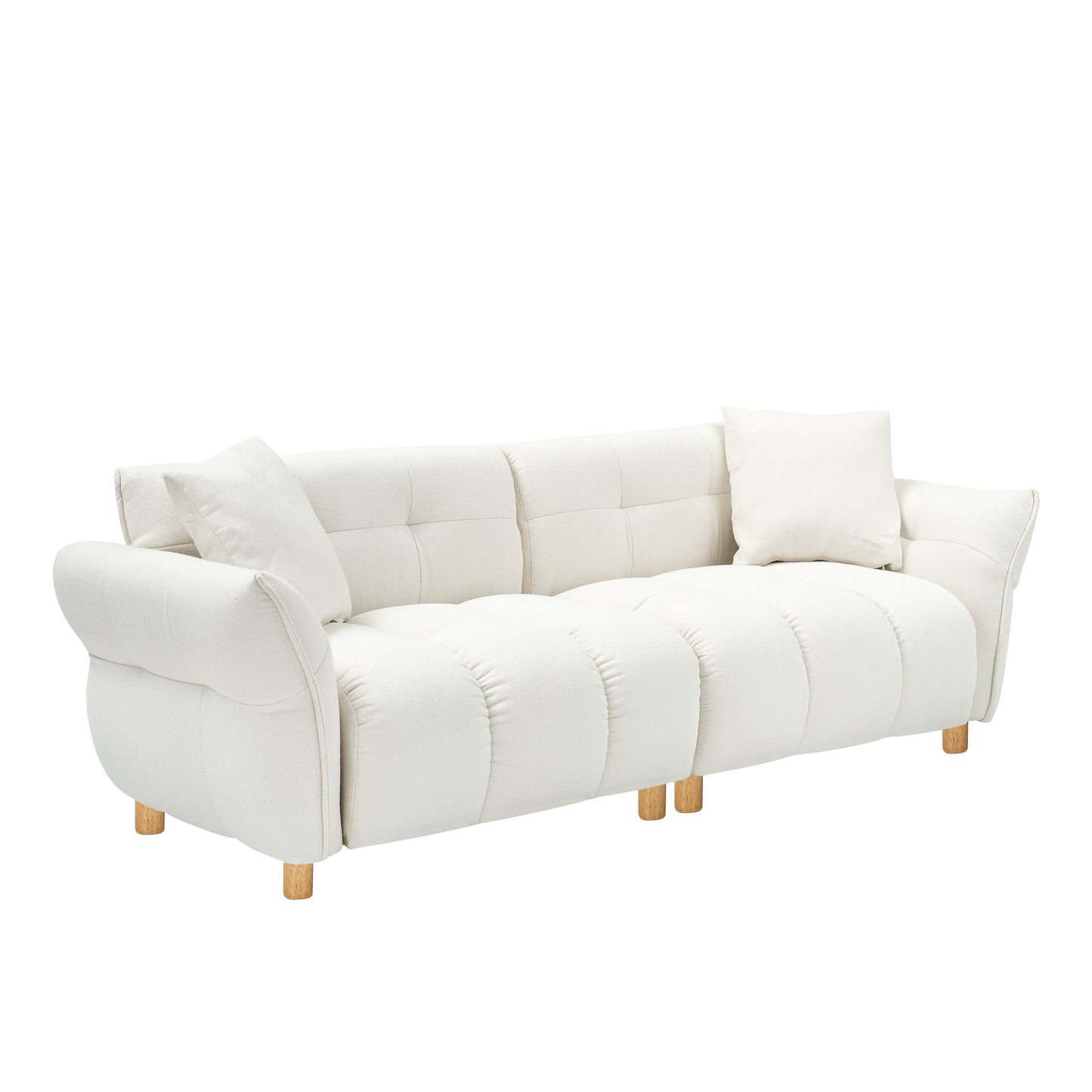 Canapé Teddy de 240 cm de long, avec deux coussins assortis et trois sièges spacieux et confortables.