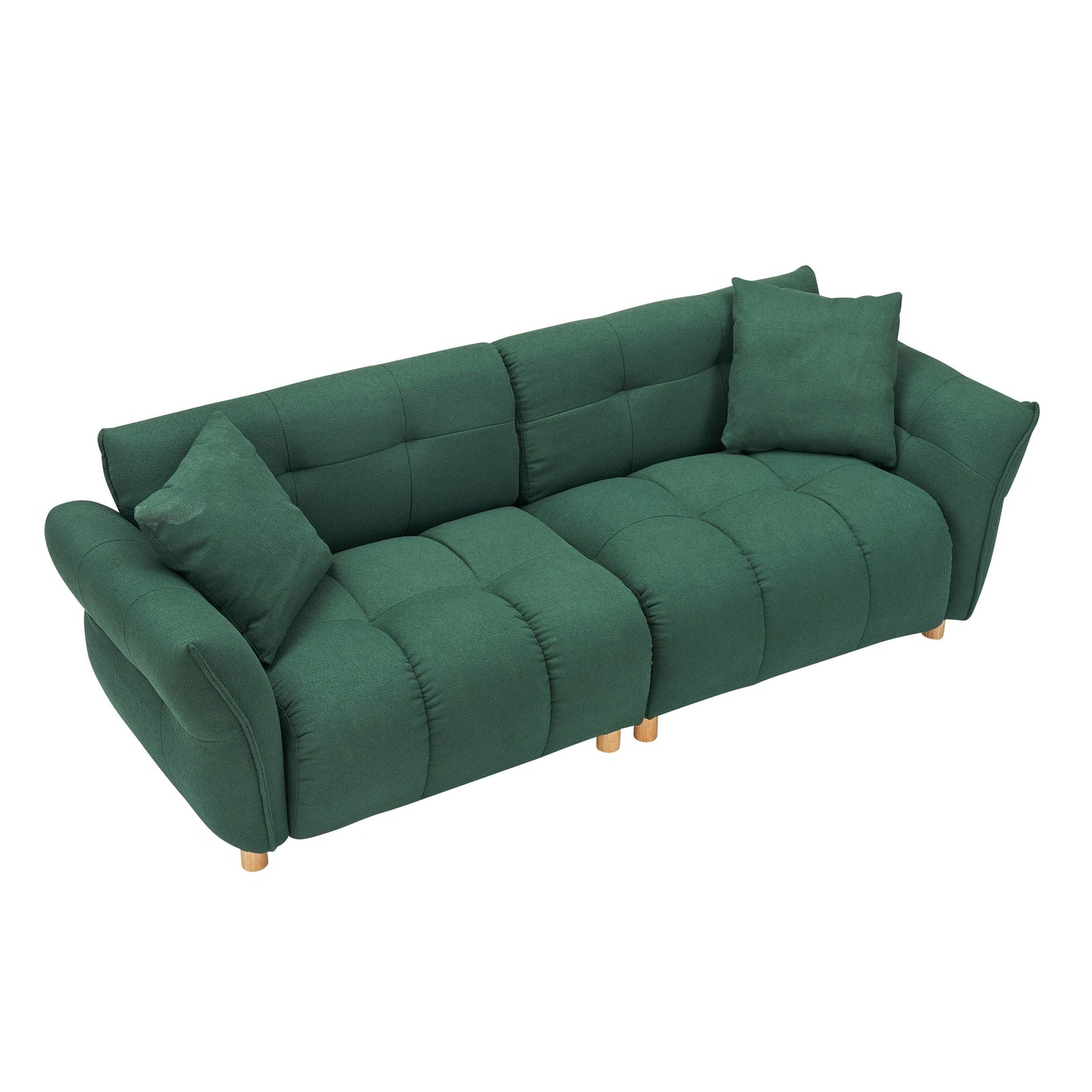Canapé Teddy de 240 cm de long, avec deux coussins assortis et trois sièges spacieux et confortables.