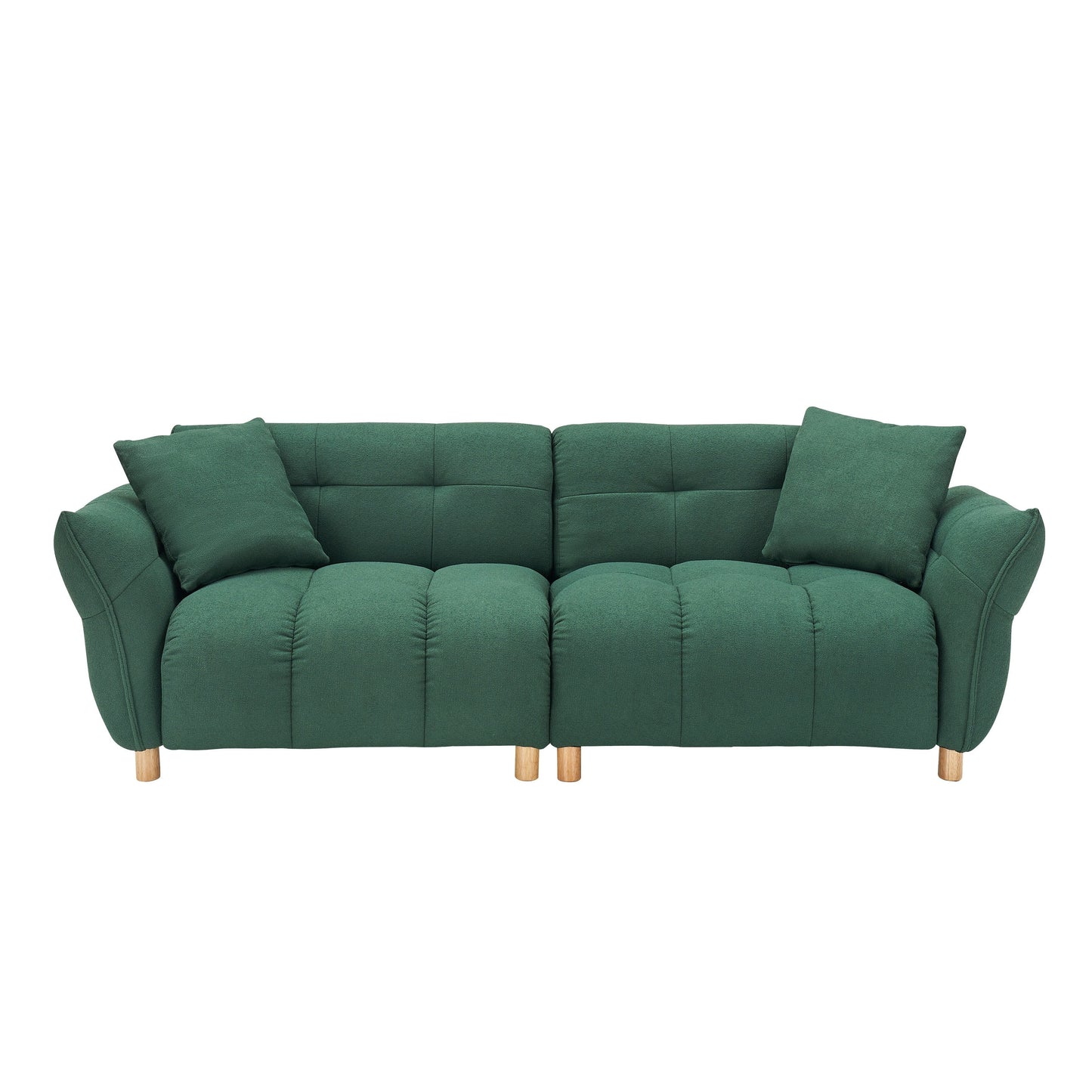 Canapé Teddy de 240 cm de long, avec deux coussins assortis et trois sièges spacieux et confortables.