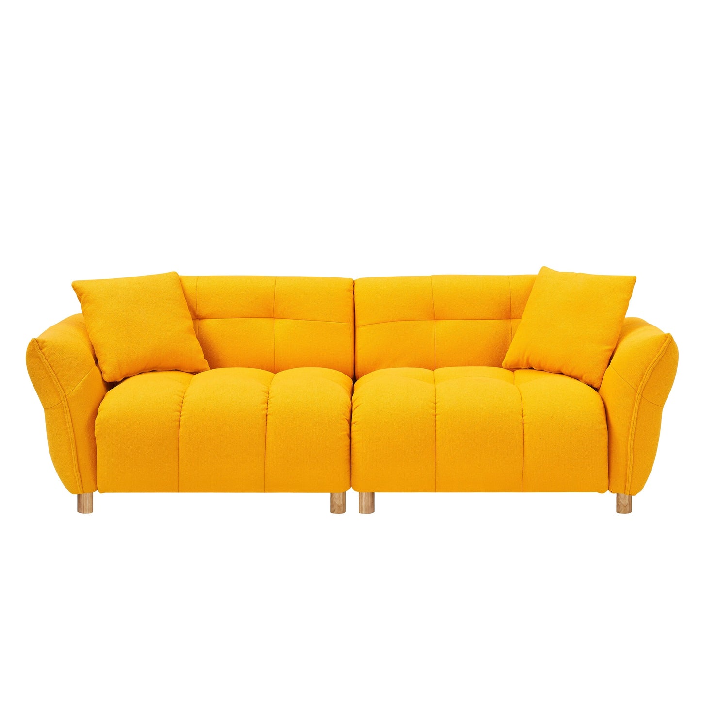 Canapé Teddy de 240 cm de long, avec deux coussins assortis et trois sièges spacieux et confortables.