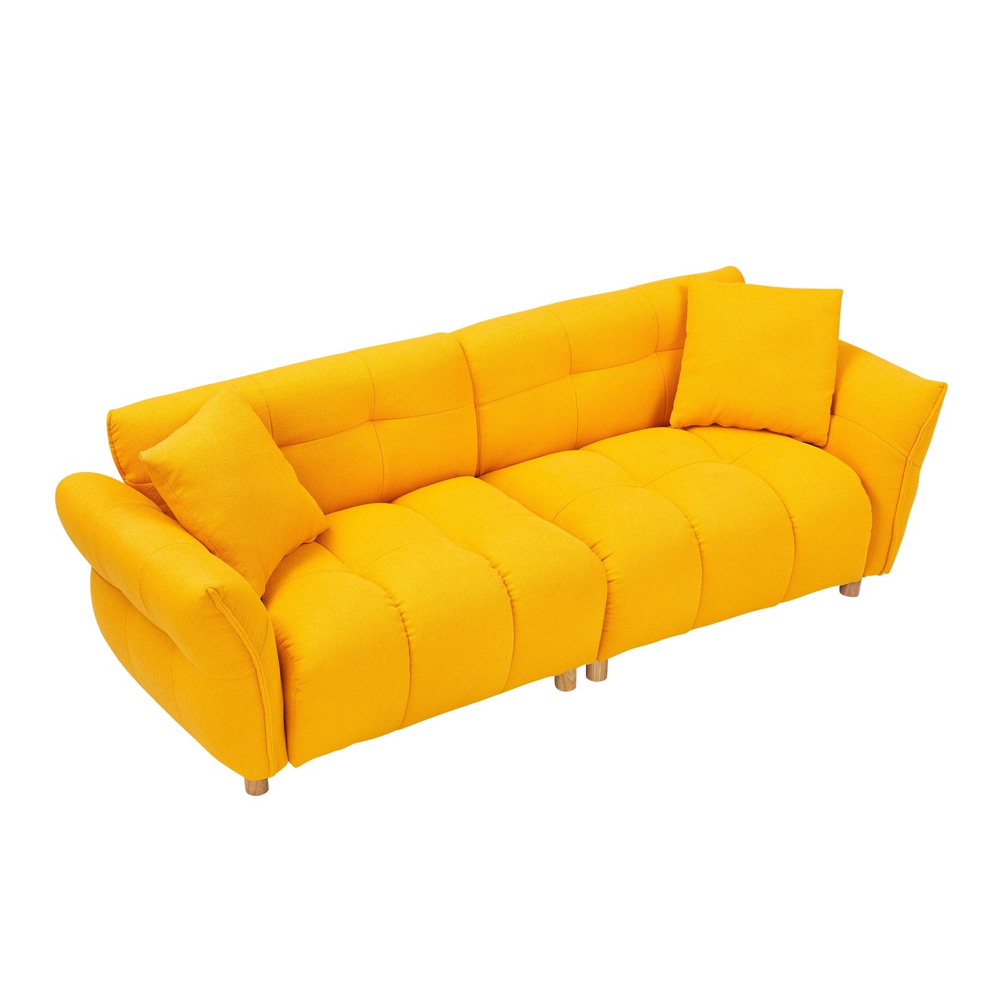 Canapé Teddy de 240 cm de long, avec deux coussins assortis et trois sièges spacieux et confortables.