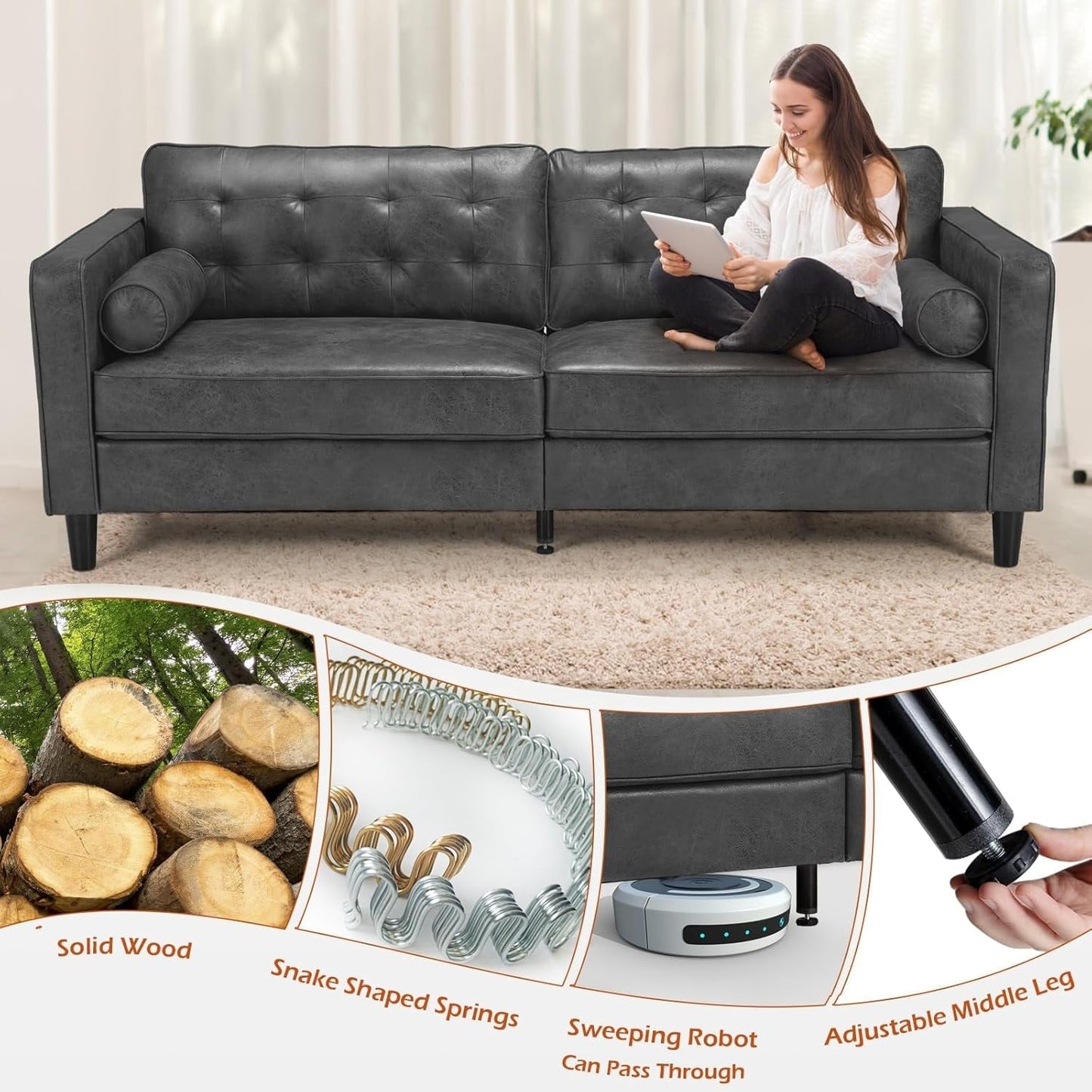 Canapé moderne du milieu du siècle AECOJOY 84.2 avec 2 coussins traversins