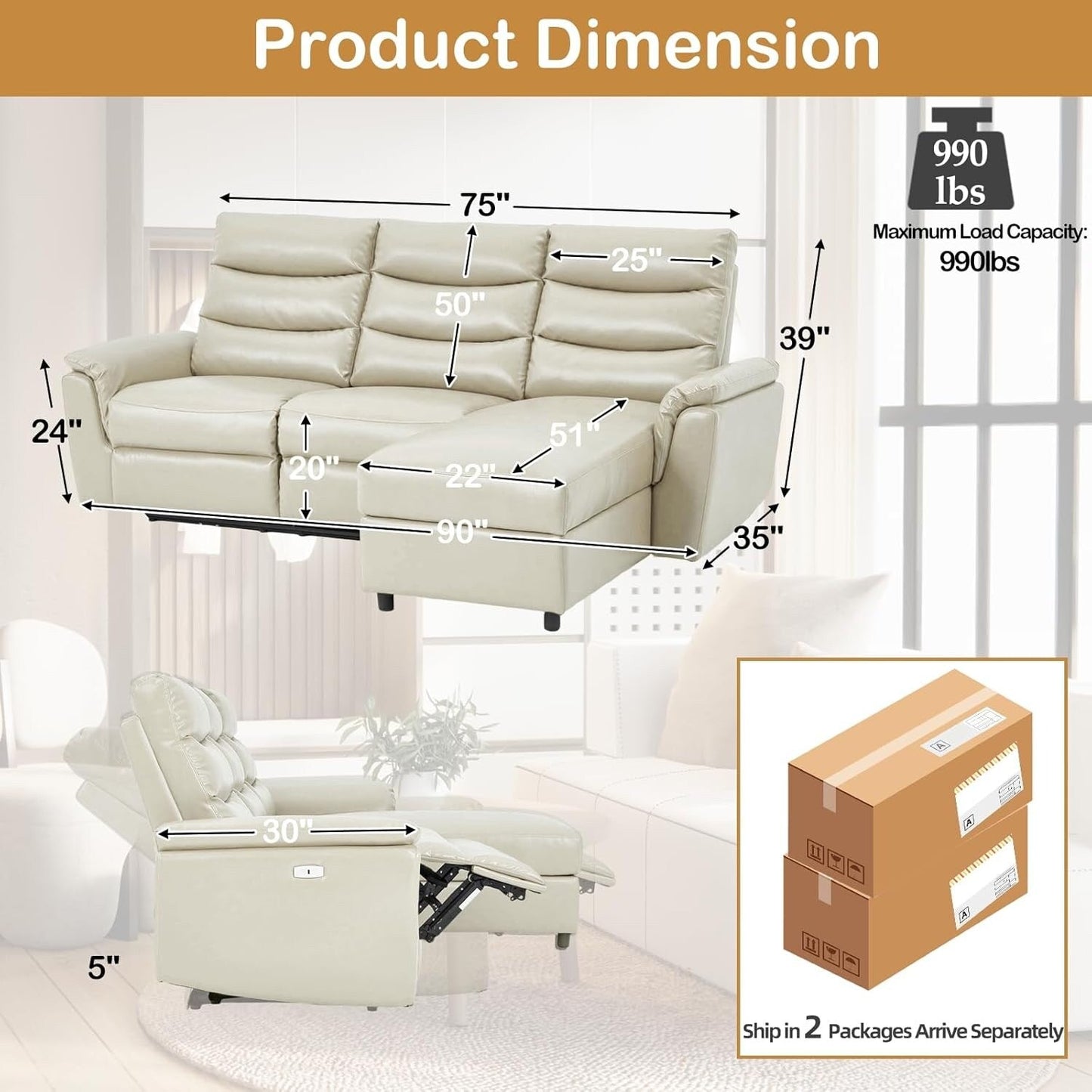 Canapé sectionnel inclinable électrique AECOJOY, canapé-lit en cuir PU avec méridienne de rangement, dossier et repose-pieds réglables