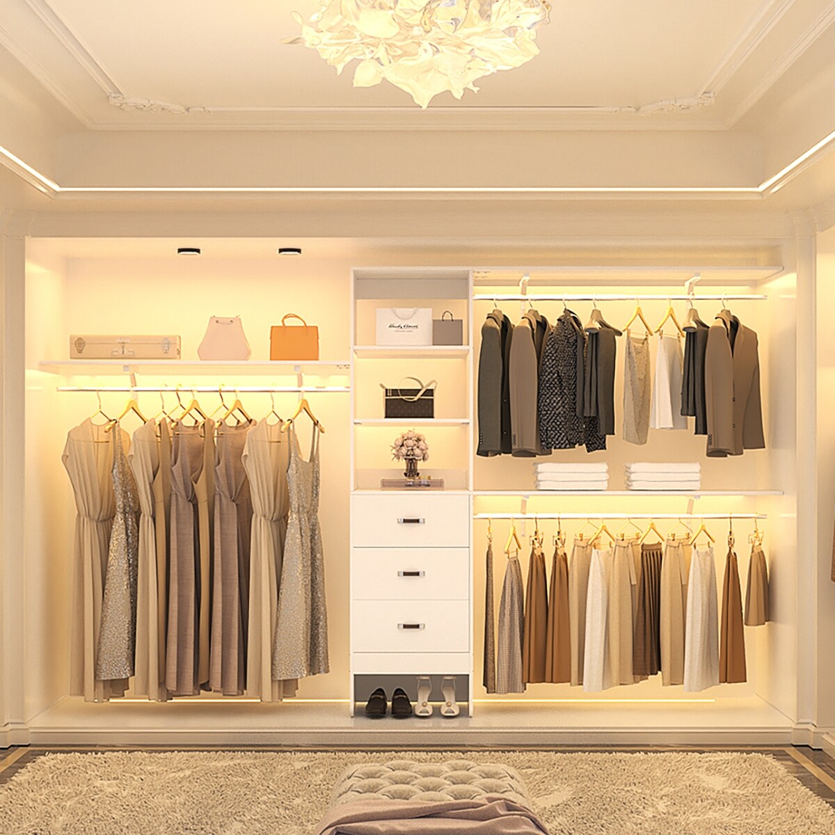 Organisateur de placard ajustable Rackcog 120'' avec tiroirs, système de placard avec étagères à monter soi-même pour placards et dressings