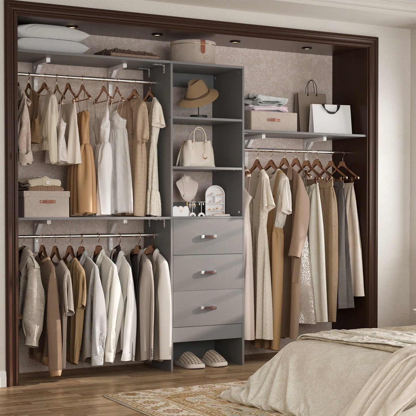 Organisateur de placard ajustable Rackcog 120'' avec tiroirs, système de placard avec étagères à monter soi-même pour placards et dressings