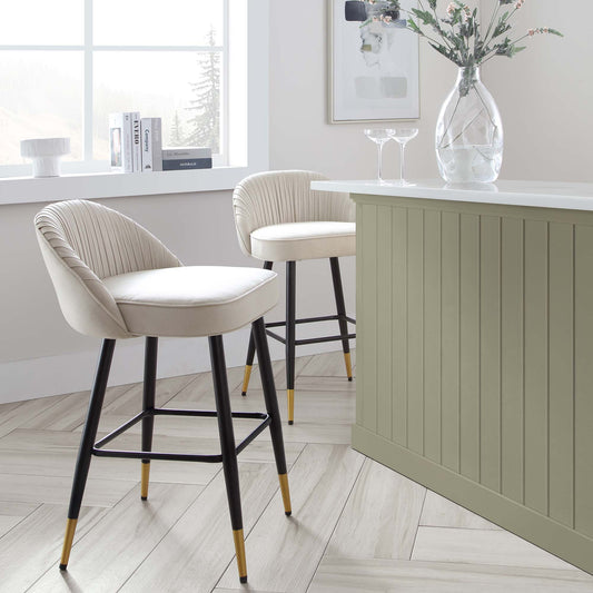 Lot de 2 tabourets de bar rembourrés en velours beige champagne plissé Miyae