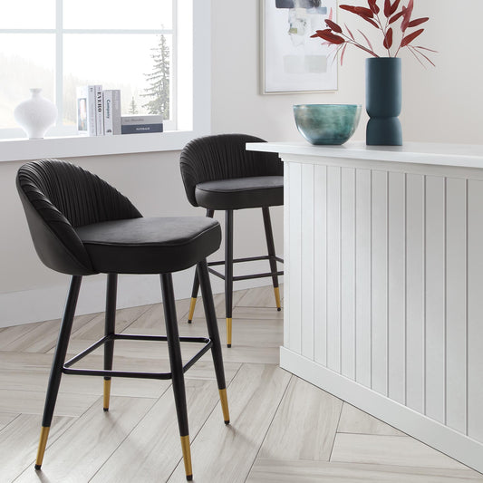 Ensemble de 2 tabourets de bar rembourrés en velours anthracite plissé Miyae