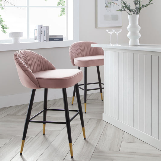 Lot de 2 tabourets de bar rembourrés en velours rose pâle plissé Miyae