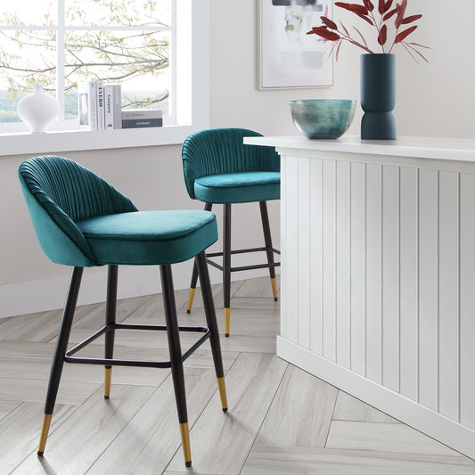 Ensemble de 2 tabourets de bar rembourrés en velours bleu sarcelle plissé Miyae
