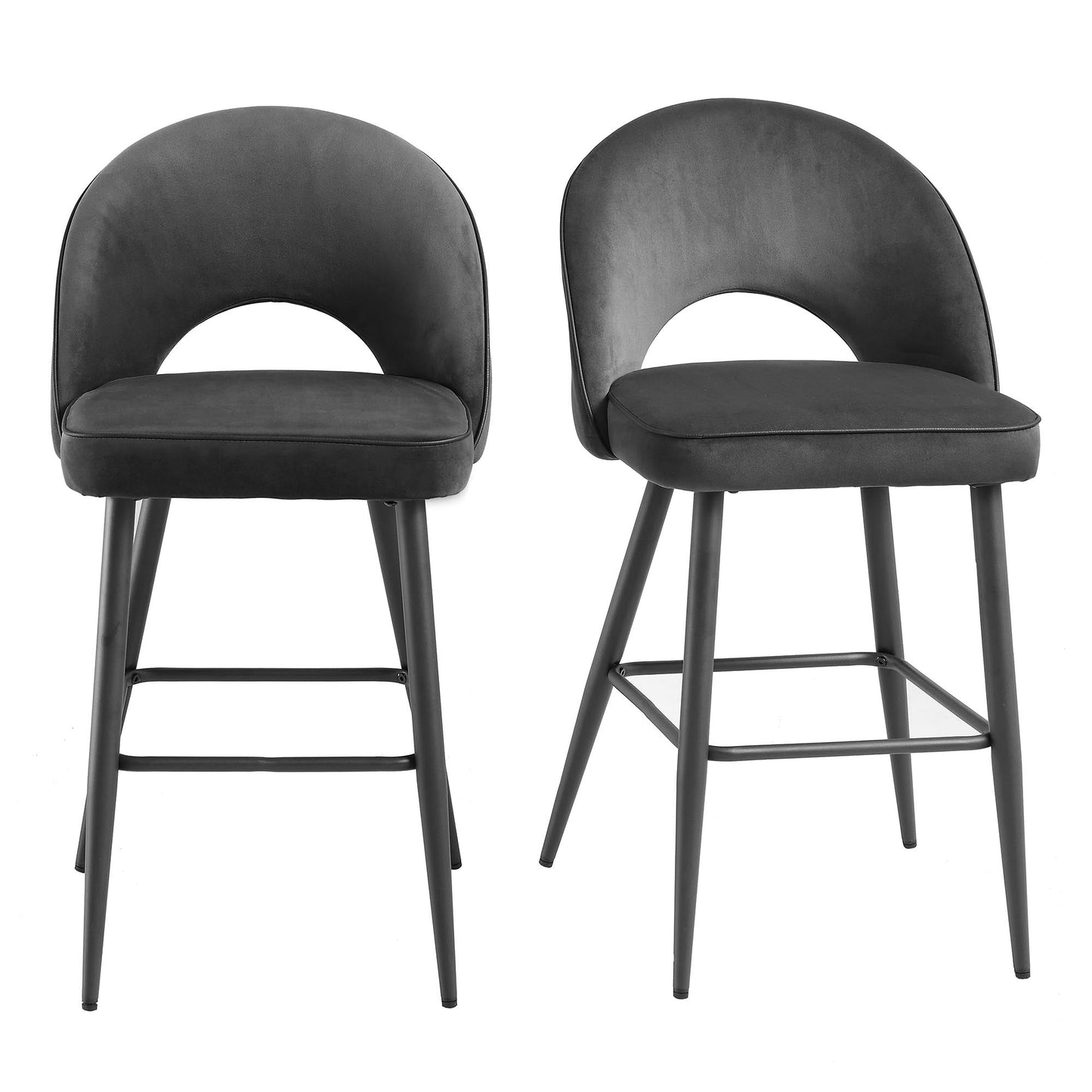 Ensemble de 2 tabourets de bar Oakley en velours gris foncé avec passepoil contrasté