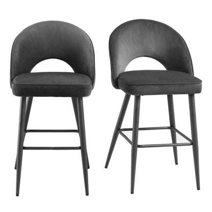 Ensemble de 2 tabourets de bar Oakley en velours gris foncé avec passepoil contrasté