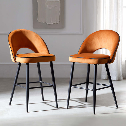 Ensemble de 2 tabourets de bar Oakley en velours orange avec passepoil contrasté