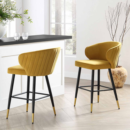 Ensemble de 2 tabourets de bar rembourrés en velours moutarde Langham