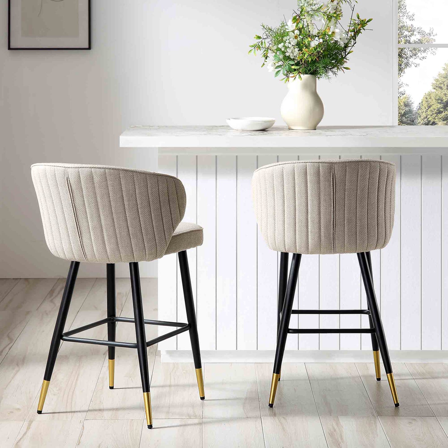 Ensemble de 2 tabourets de bar rembourrés en tissu tissé couleur avoine Langham