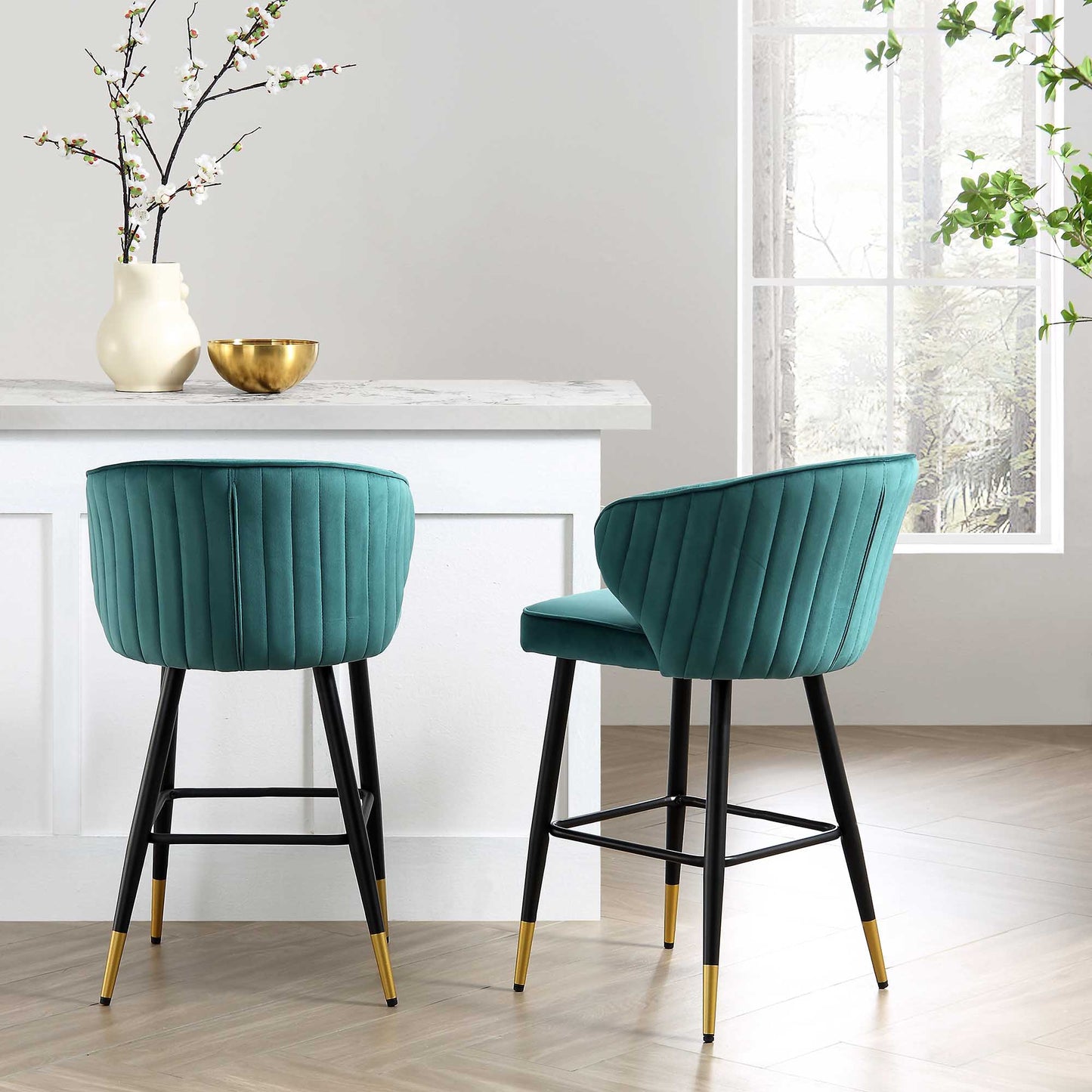 Ensemble de 2 tabourets de bar Carver rembourrés en velours bleu sarcelle Langham
