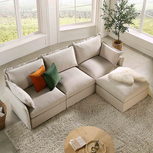 Canapé sectionnel Byron Pillow Edge en tissu beige, méridienne 3 places