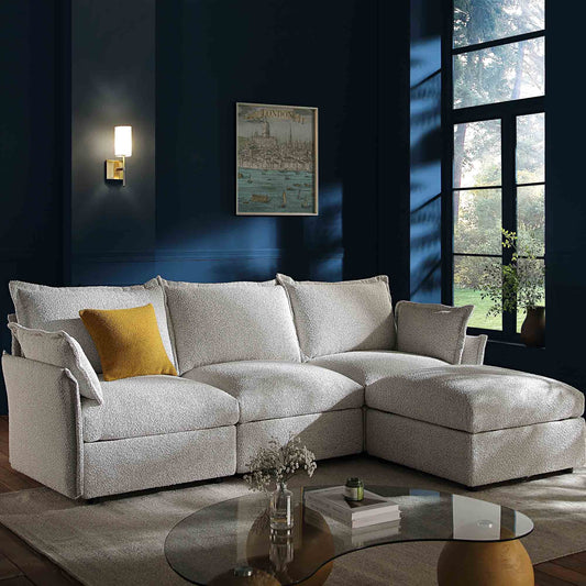 Canapé sectionnel Byron Pillow Edge Mist Grey Boucle, méridienne 3 places