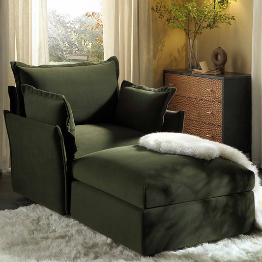 Canapé sectionnel Byron Pillow Edge en velours vert mousse, méridienne 1 place