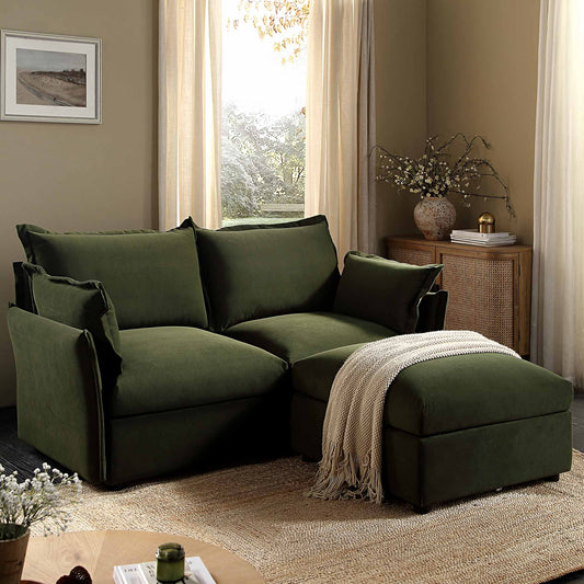 Canapé sectionnel Byron Pillow Edge en velours vert mousse, méridienne 2 places