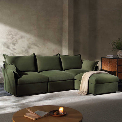 Canapé sectionnel Byron Pillow Edge en velours vert mousse, méridienne 3 places