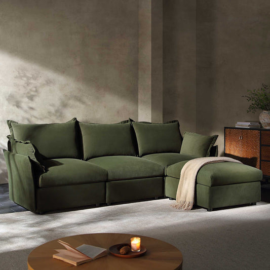 Canapé sectionnel Byron Pillow Edge en velours vert mousse, méridienne 3 places