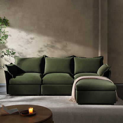 Canapé sectionnel Byron Pillow Edge en velours vert mousse, méridienne 3 places