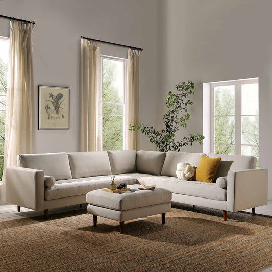 Canapé d'angle 5 places Henrietta, tissu tissé beige