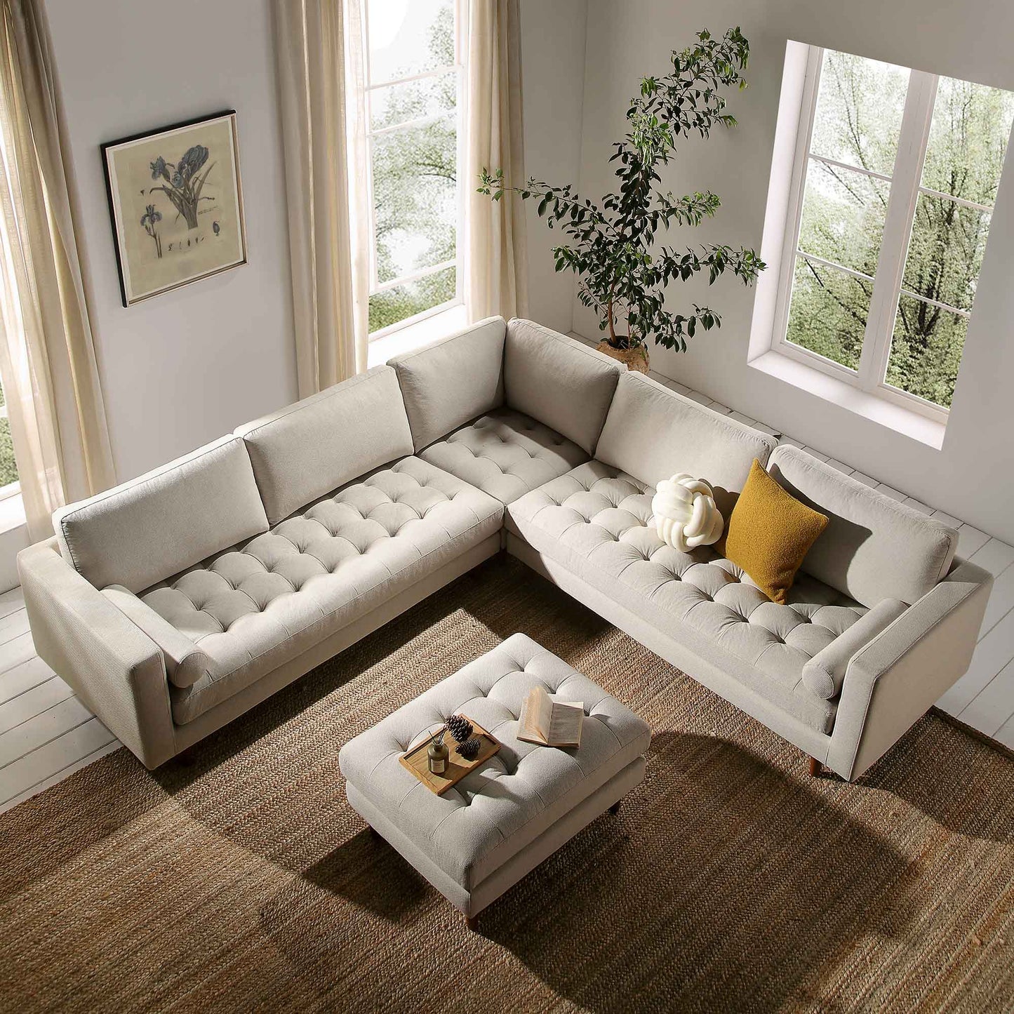 Canapé d'angle 5 places Henrietta, tissu tissé beige