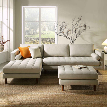 Canapé méridienne 4 places Henrietta en tissu tissé beige, orientation gauche