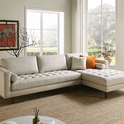 Canapé méridienne 4 places Henrietta en tissu tissé beige, orientation droite