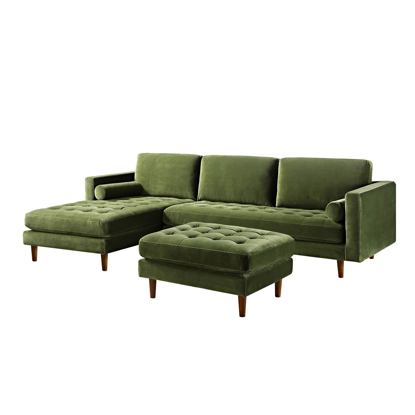 Grand canapé méridienne 4 places en velours vert Henrietta Moss, orienté à gauche